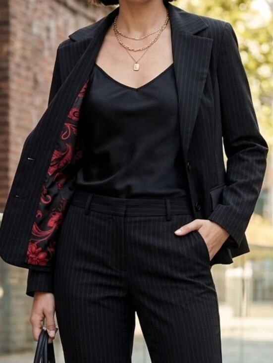A-Line Jackets & Blazers - Women's Black Pinstripe Blazer with Floral Lining
